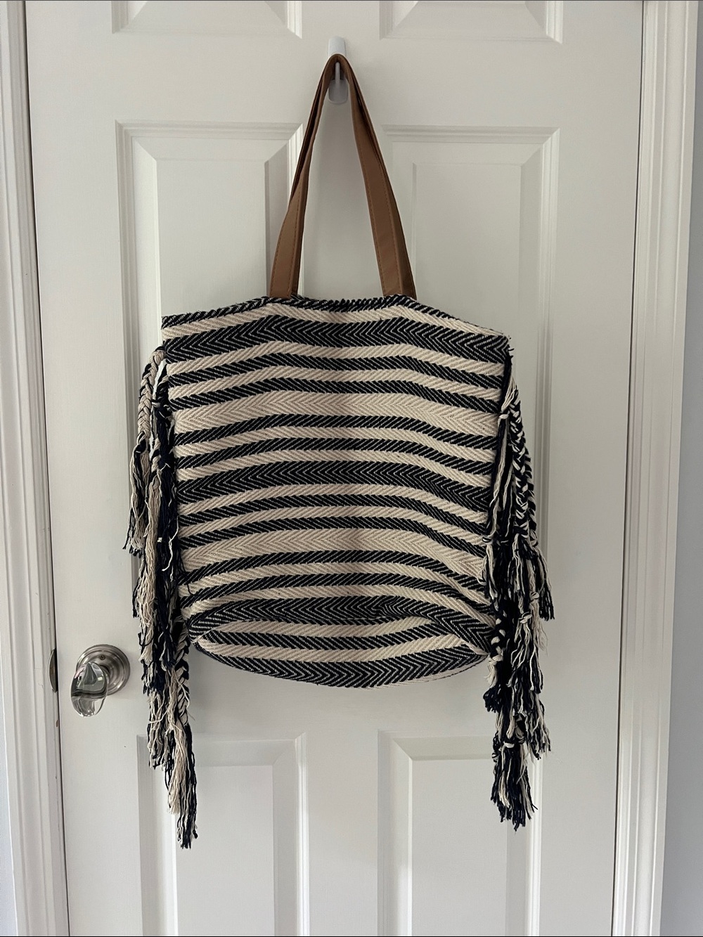 Stylish Black & Cream Fringe Tote Bag with Tan Handles